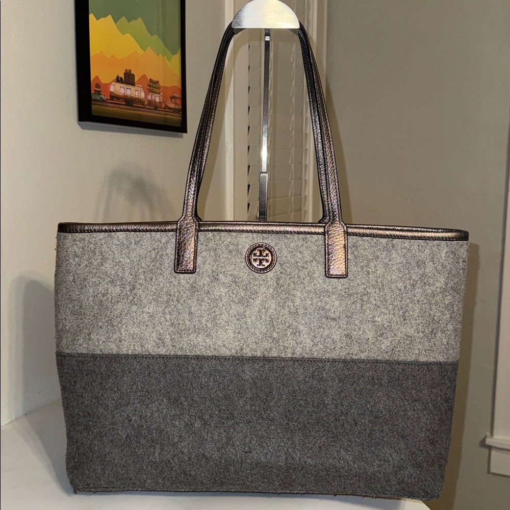 Tory Burch Two-Tone Gray Wool Tote with Metallic Trim